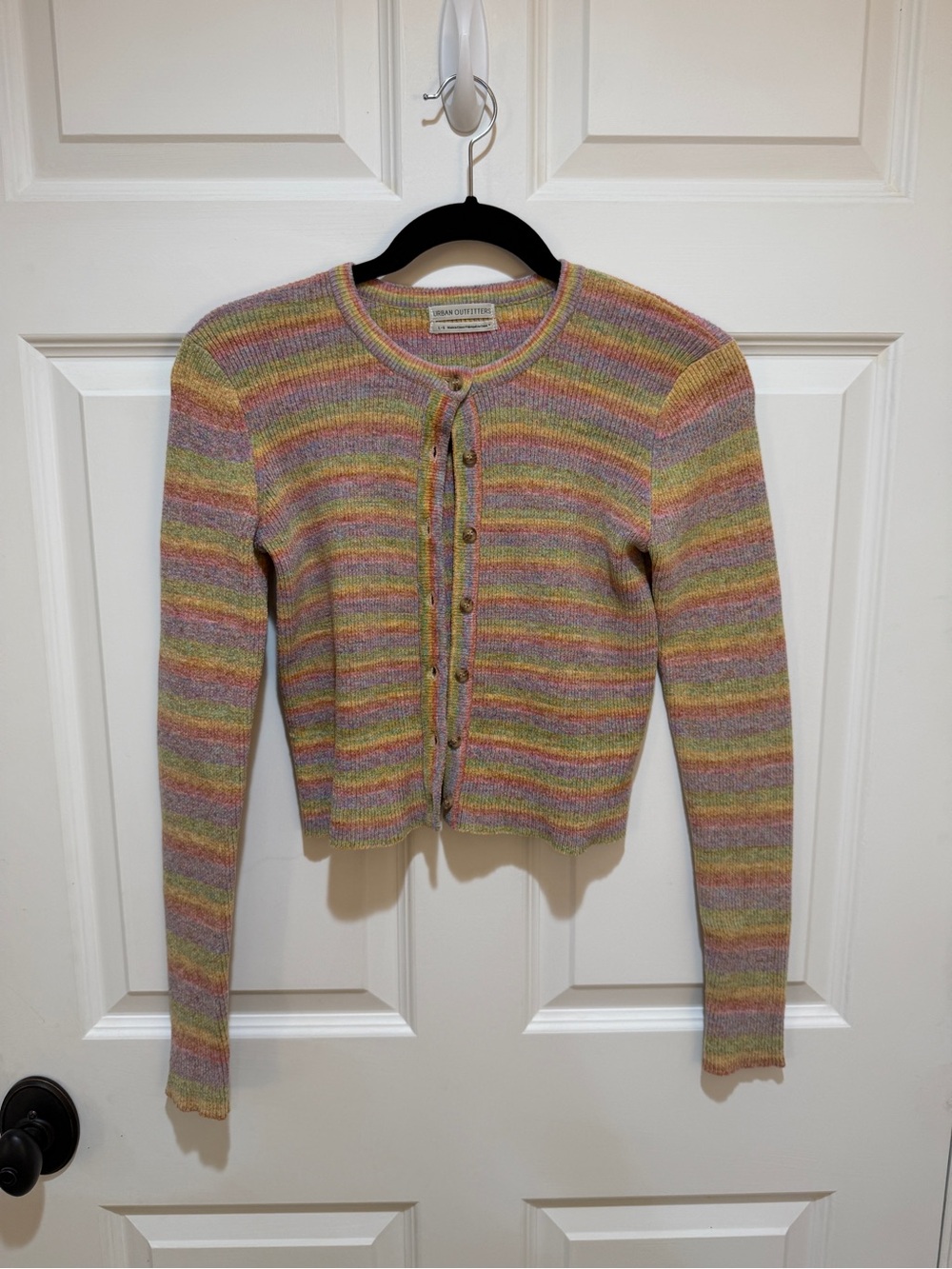 Urban Outfitters Pastel Striped Cropped Cardigan - Pink, Yellow, Green, Lavender
